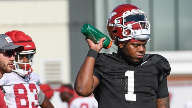 Razorbacks quarterback KJ Jefferson during Tuesday's practice outdoors in Fayetteville